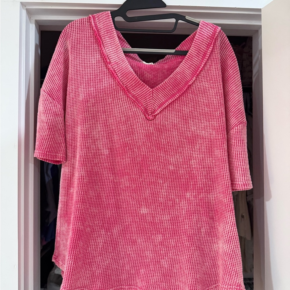 BiBi Hot Pink Waffle Knit V-Neck Top